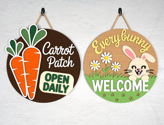 Easter Door Hanger Laser Cut File | Bunny & Carrot Patch Round Sign SVG | Wooden Spring Door Decor | Glowforge, xTool, LightBurn, etc.