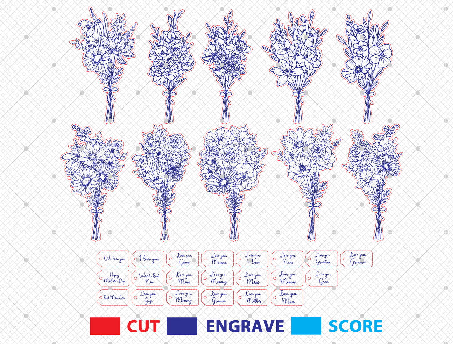 Flower Bouquet Sign SVG Bundle 10 Flowers 21 Tags for Glowforge and xTool