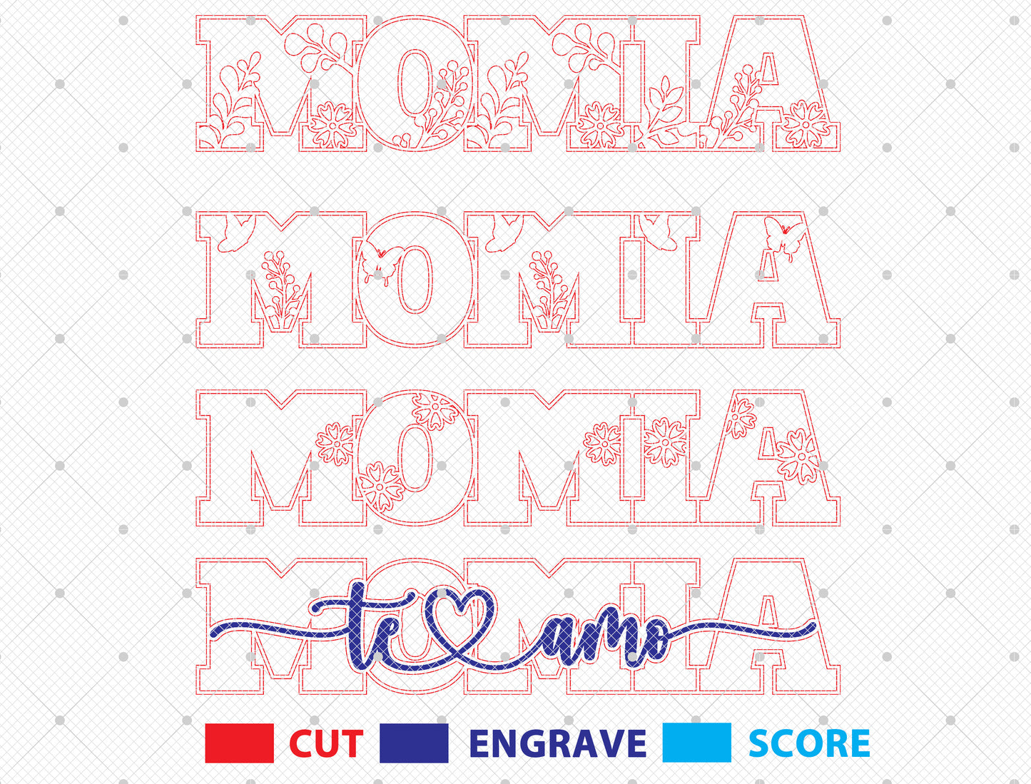 Te Amo Mom Floral Word Laser Cut File Bundle | Mother Typography Decor | Layered Wooden Letters | Glowforge, xTool, LightBurn, etc.