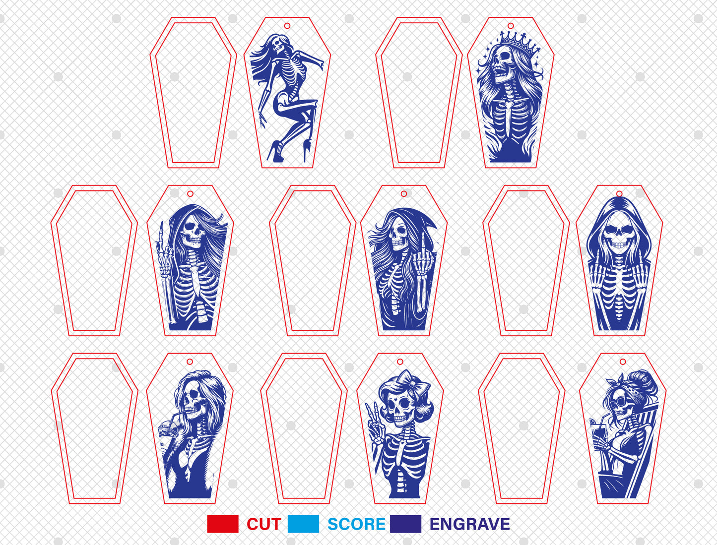 8 Skeleton Coffin Earrings SVG Halloween Laser Cut Bundle for LightBurn