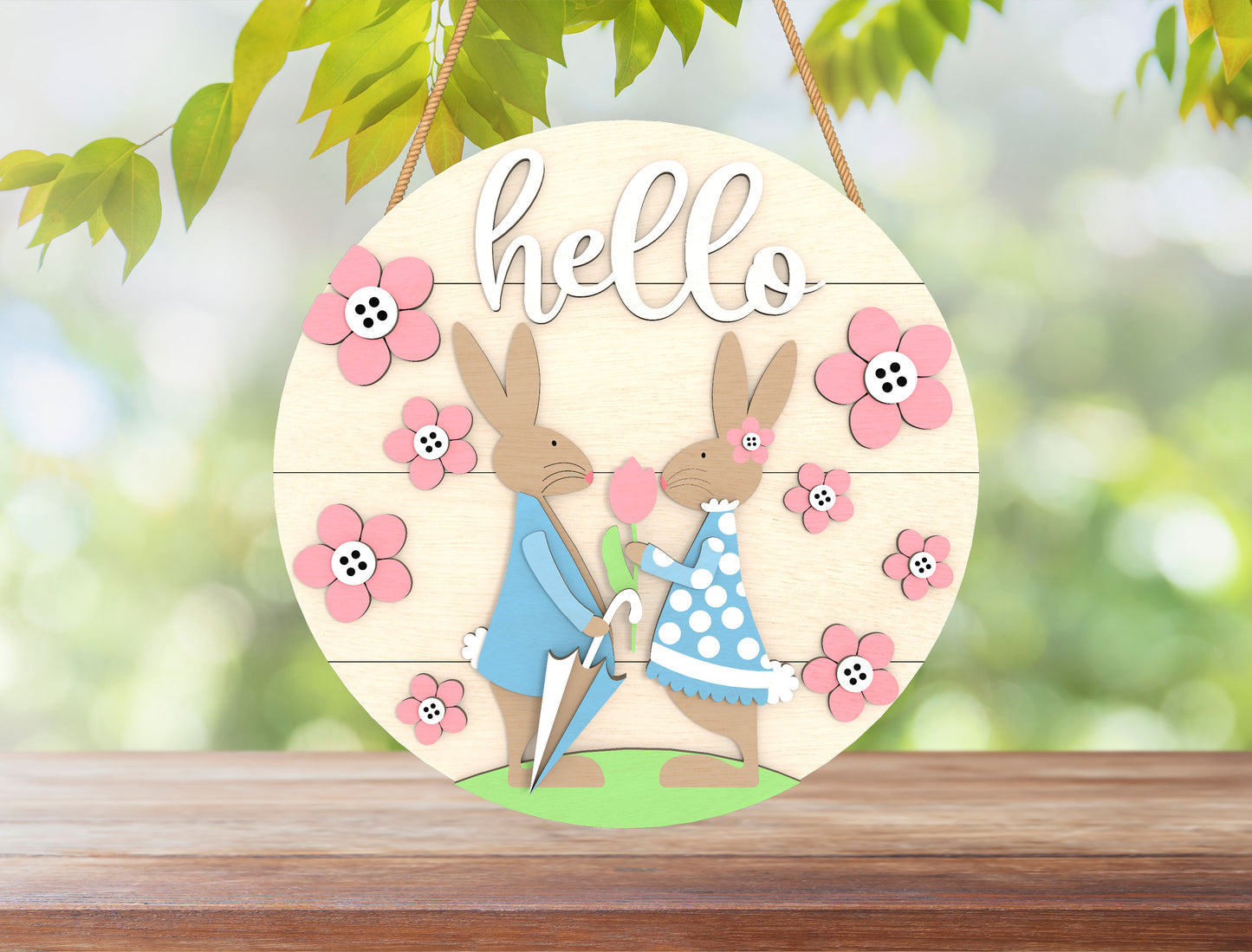 Hello Easter Bunny Door Hanger SVG Cute Bunny Couple Round for LightBurn