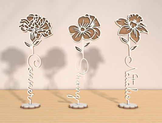 Month Flower Name Stand Laser Cut File Bundle | Floral Decor | Mother’s Day Design | Glowforge, xTool, LightBurn, etc.