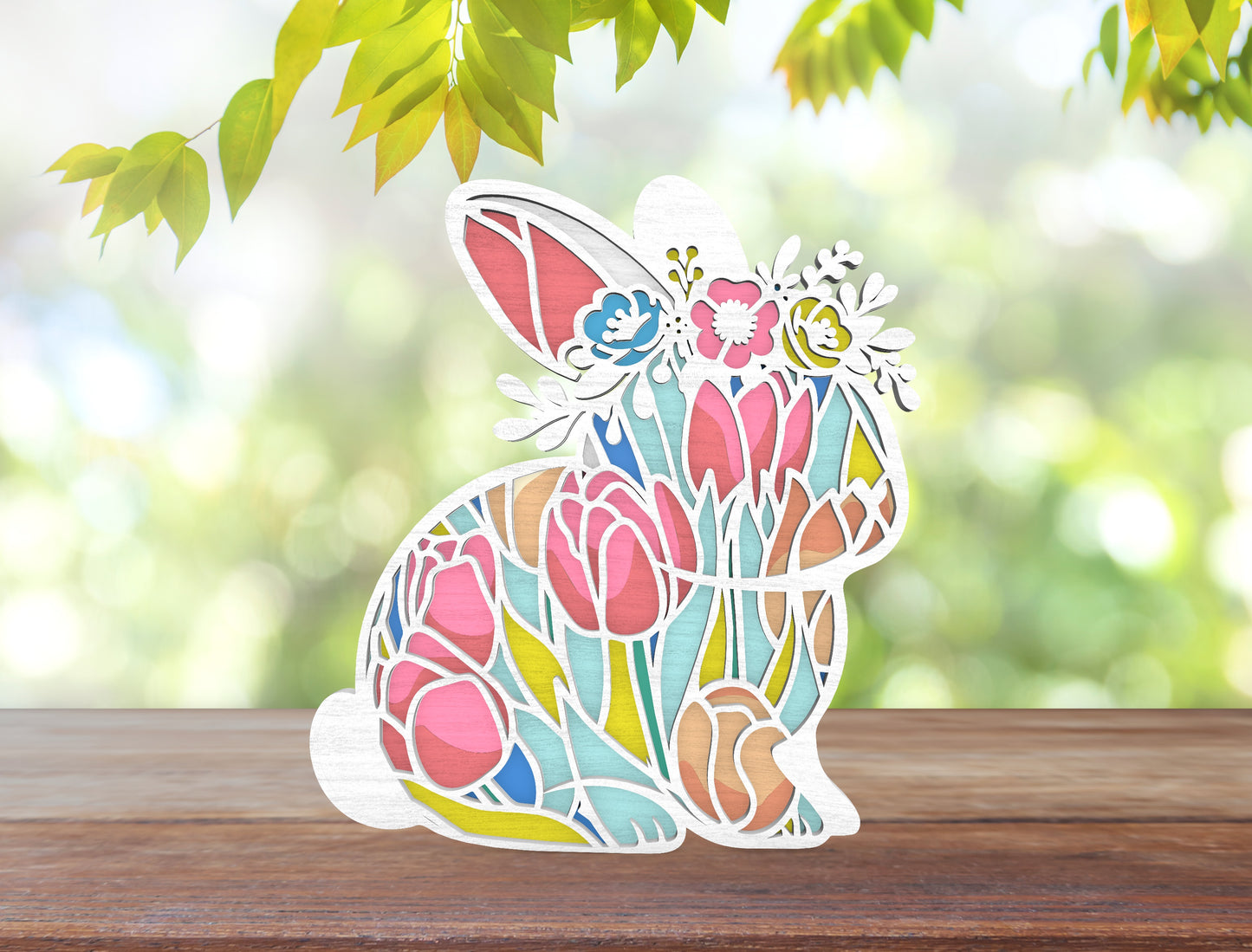 Easter Bunny Layered Floral Stained Glass SVG for LightBurn and Glowforge