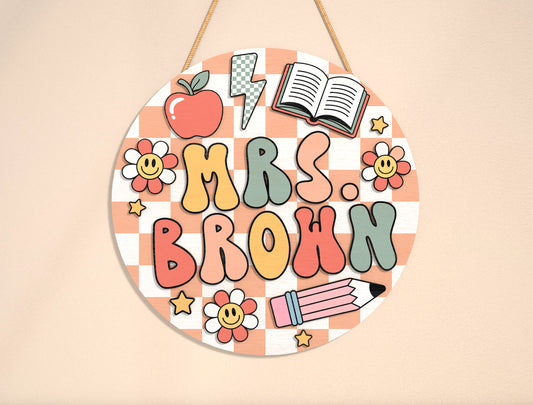 Personalized Retro Gingham Classroom Door Sign SVG Laser Cut File for Glowforge