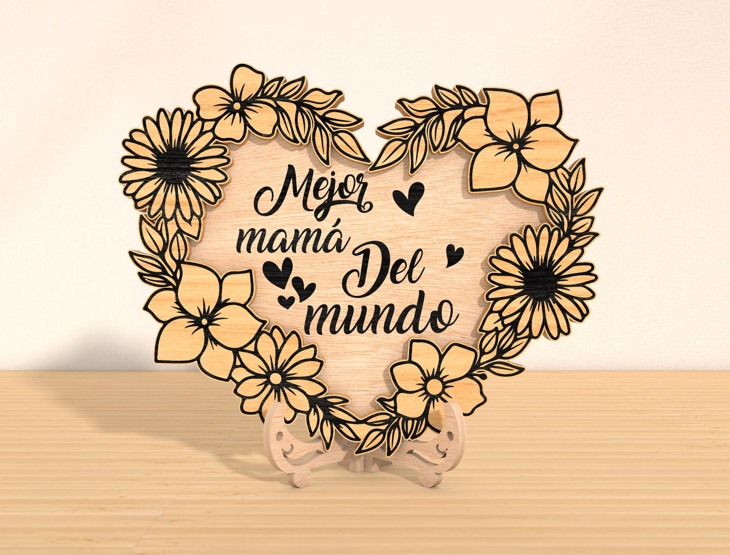 Mother’s Day Heart Floral Laser Cut File Bundle | Spanish Quote Wooden Decor | Layered Flower Wreath | Glowforge, xTool, LightBurn etc.