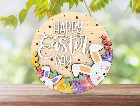 Cute Bunny Floral Round Sign SVG Easter Decor for Glowforge and xTool