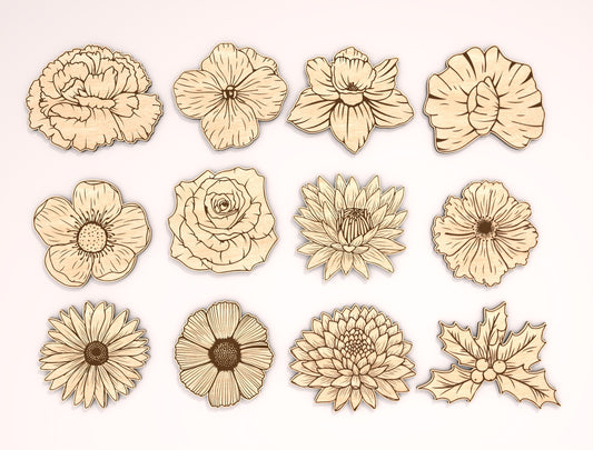 12 Month Flower Shapes Laser Cut File Bundle | Birth Flower Icons | Botanical Wood Cutouts | Glowforge, xTool, LightBurn, etc.