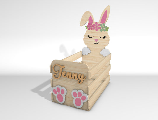 Personalized Bunny Basket Holder SVG Easter Wooden Crate for LightBurn and xTool