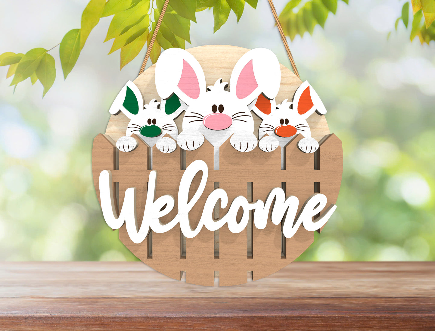 Easter Bunny Welcome Door Hanger SVG Layered Round 3 Designs for Glowforge