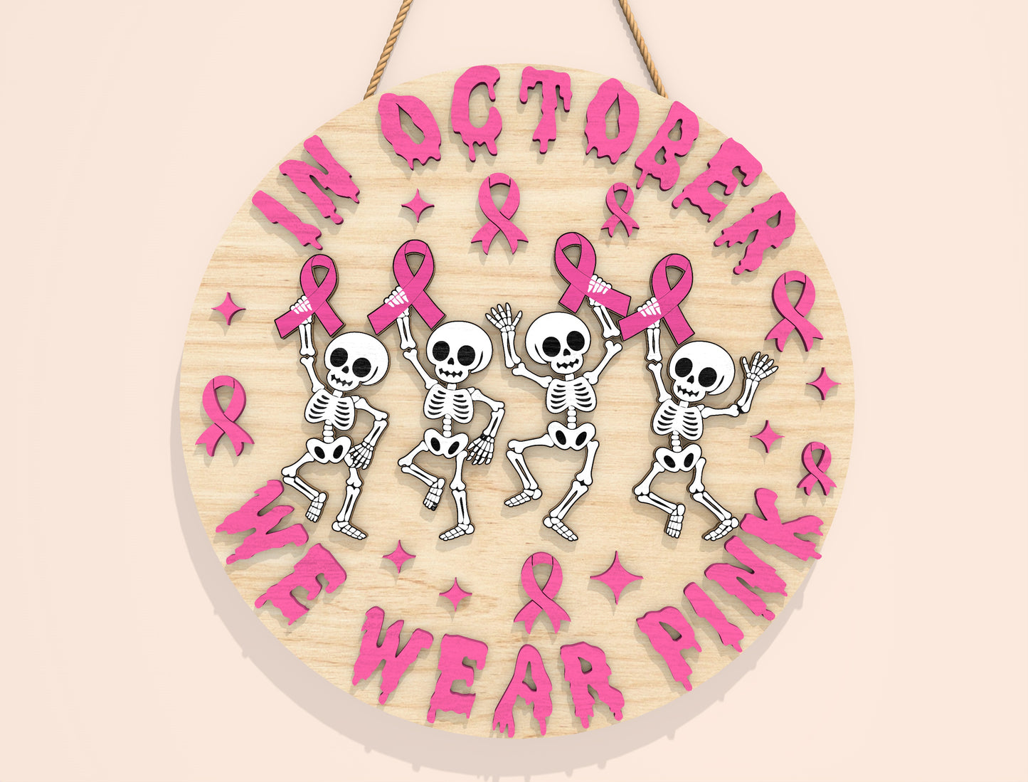 In October We Wear Pink Door Hanger SVG Bundle Laser Cut File | 4 Breast Cancer Awareness Designs | Wooden Round Decor | Glowforge, xTool, LightBurn, etc.