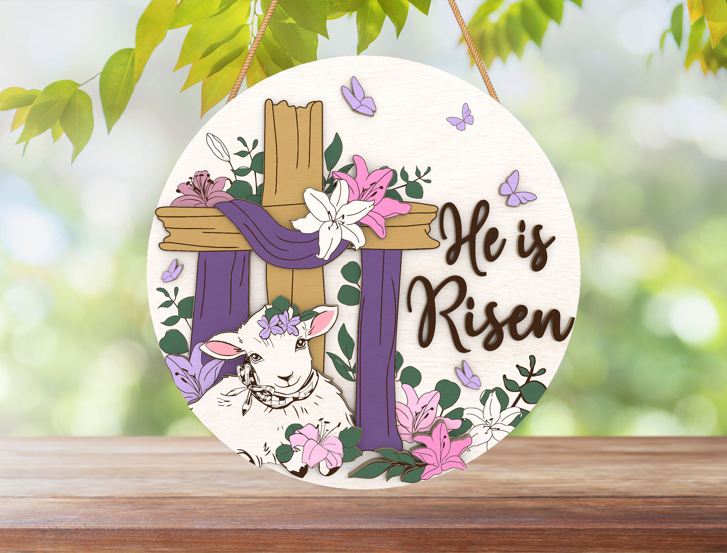 He Is Risen Cross Lamb Easter Door Hanger SVG for LightBurn and Glowforge