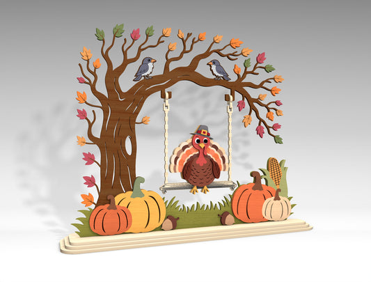 Turkey on Swing Fall Scene SVG for Glowforge xTool LightBurn