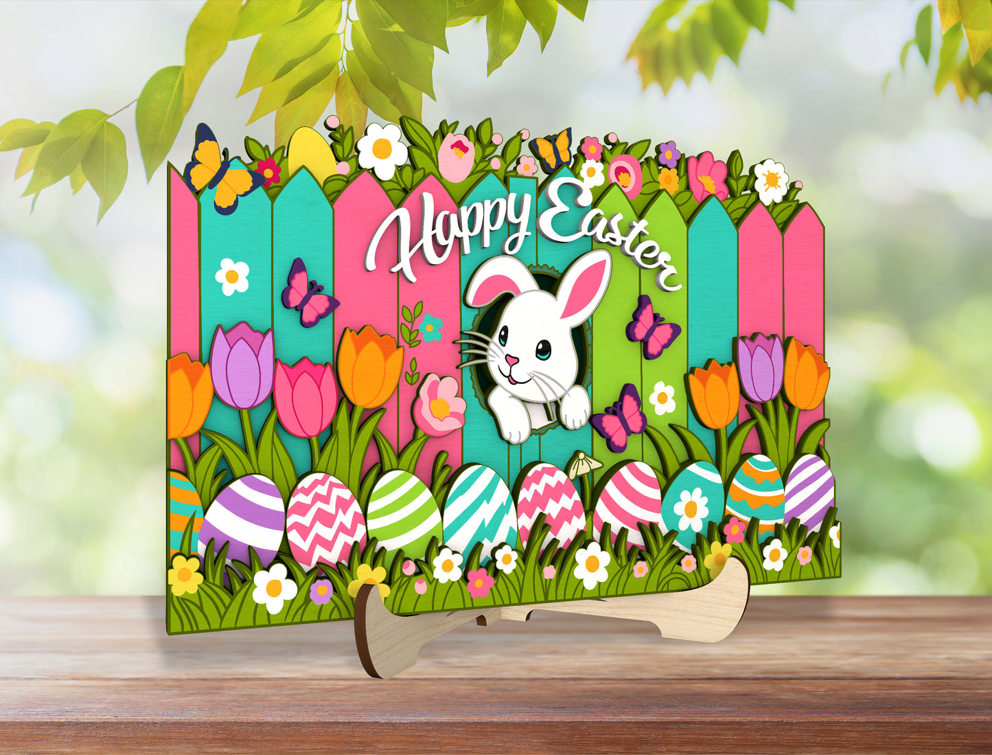 Happy Easter Bunny Tabletop Sign SVG 5 Layer Fence Scene for Glowforge