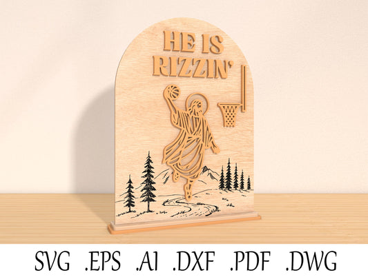 He Is Rizzin’ Laser Cut File | Funny Faith Basketball Decor | Modern Wooden Sign | Glowforge, xTool, LightBurn, etc.