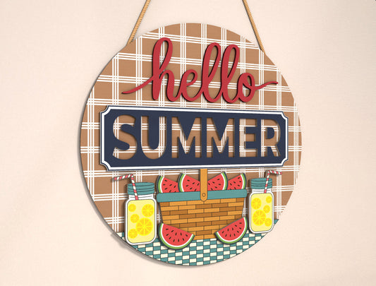 “Hello Summer” Picnic Watermelon SVG Door Sign for Glowforge