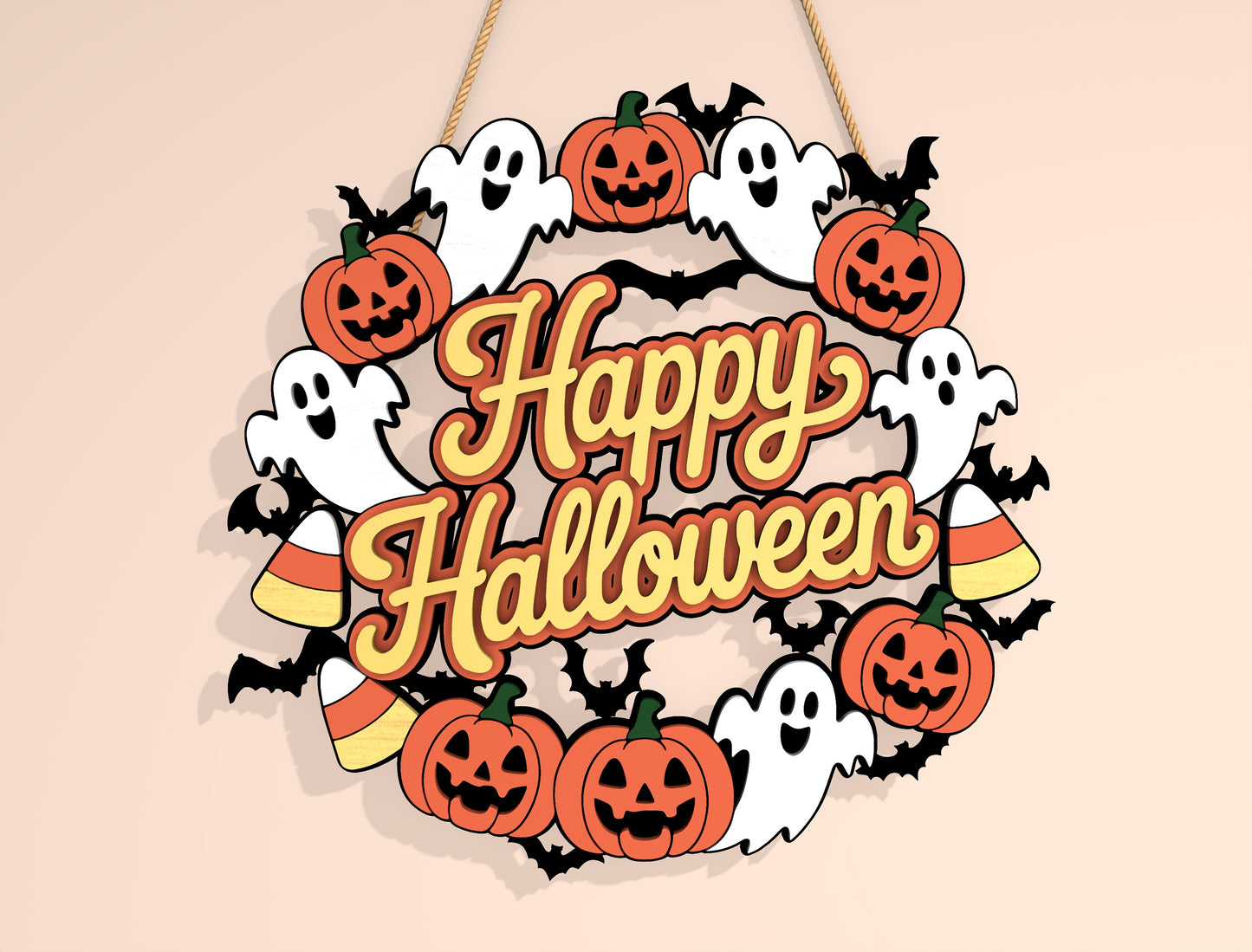 Happy Halloween Ghost Wreath SVG Laser Cut File for xTool and Glowforge