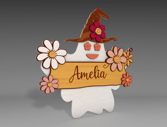 Halloween Ghost Name Sign SVG for Glowforge xTool Floral Witch Hat Sitter