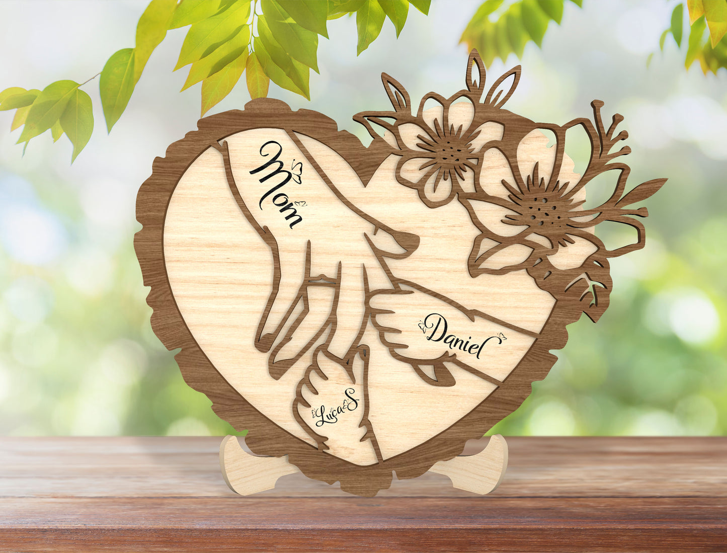 Personalized Mom Hands Heart SVG Wooden Name Sign for xTool