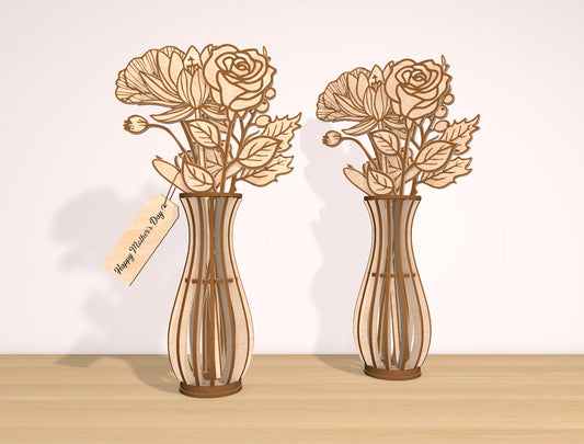 Wooden Flower Vase SVG Bundle 3 Vases 21 Flowers for LightBurn and xTool