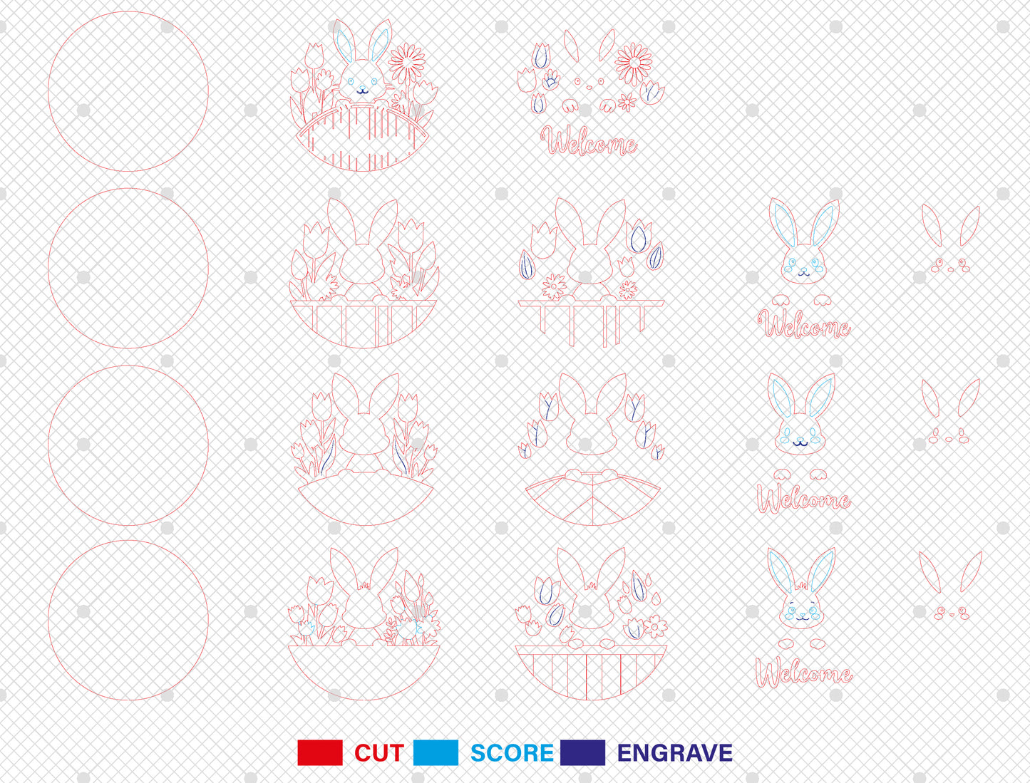 Bunny Welcome Door Sign – Easter Decor – Laser Cut File – 4 Designs – Glowforge, xTool, LightBurn