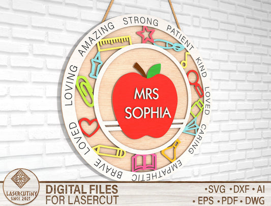 Personalized Apple Classroom Ornament SVG Laser Cut File for Glowforge and xTool