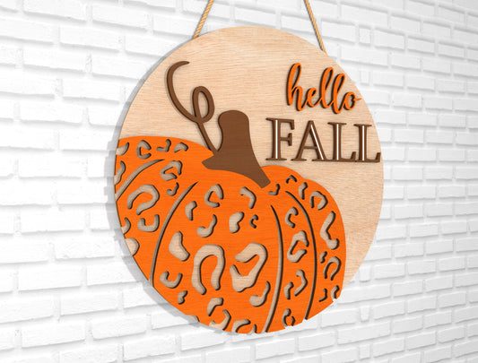 Hello Fall Leopard Pumpkin Door Hanger SVG for Glowforge xTool LightBurn