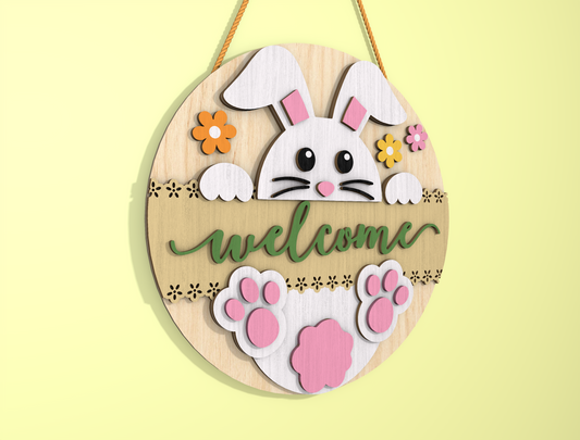 Bunny Welcome Round Door Sign SVG Easter Day Decor for LightBurn and xTool