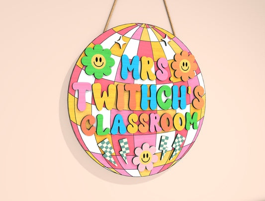 Personalized Disco Ball Classroom Door Sign SVG Laser Cut File for Glowforge and xTool