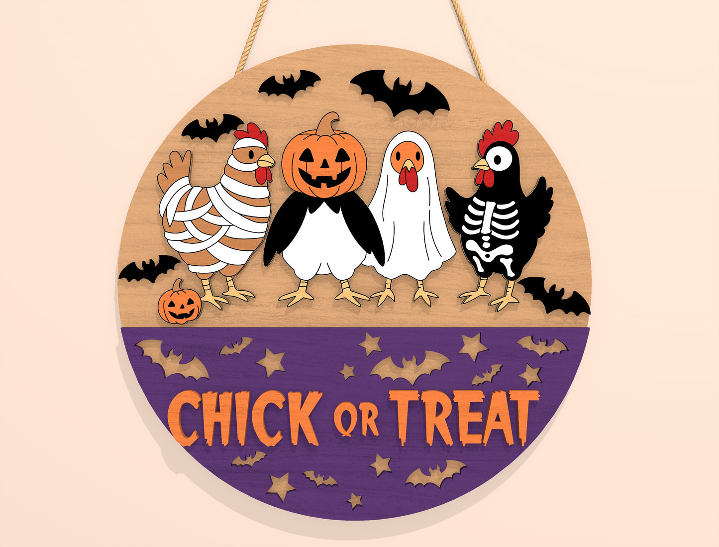 Chick or Treat Halloween Door Hanger SVG Laser Cut File | 2 Funny Chicken Designs | Round Wooden Decor | Glowforge, xTool, LightBurn, etc.