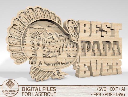 Best Papa Ever Turkey Layered Sign SVG Laser Cut File for Glowforge and xTool
