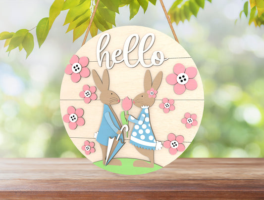 Hello Easter Bunny Door Hanger SVG Cute Bunny Couple Round for LightBurn