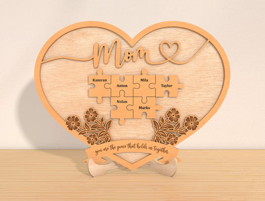 Personalized Mom Puzzle Heart Sign SVG 8 Names for Glowforge and xTool