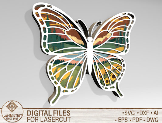 Multilayer Butterfly Landscape SVG Laser Cut File for LightBurn and Glowforge