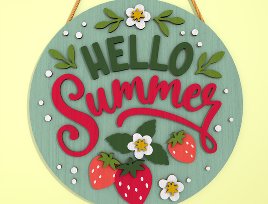 Hello Summer Strawberry Door Hanger SVG Laser Cut File for Glowforge and xTool