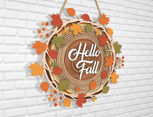 Hello Fall Wood Slice Door Hanger SVG Bundle for Glowforge xTool LightBurn 4 Designs
