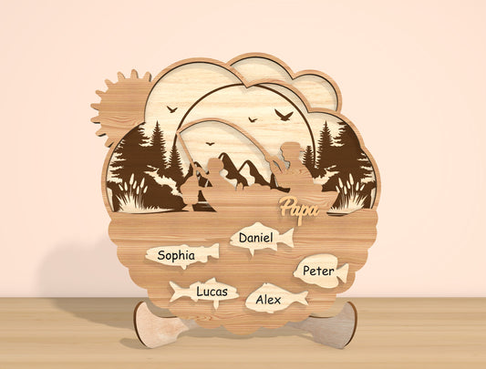 Personalized Dad Fishing Scene SVG Laser Cut File | Family Name Sign Decor | Layered Wooden Art | Glowforge, xTool, LightBurn, etc.