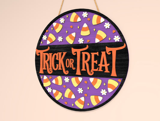 Trick or Treat Round Sign SVG Laser Cut File | 2 Halloween Door Designs | Cute Spooky Decor | Glowforge, xTool, LightBurn, etc.
