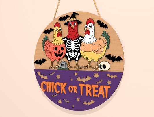 Chick or Treat Halloween Door Hanger SVG Laser Cut File | 2 Funny Chicken Designs | Round Wooden Decor | Glowforge, xTool, LightBurn, etc.