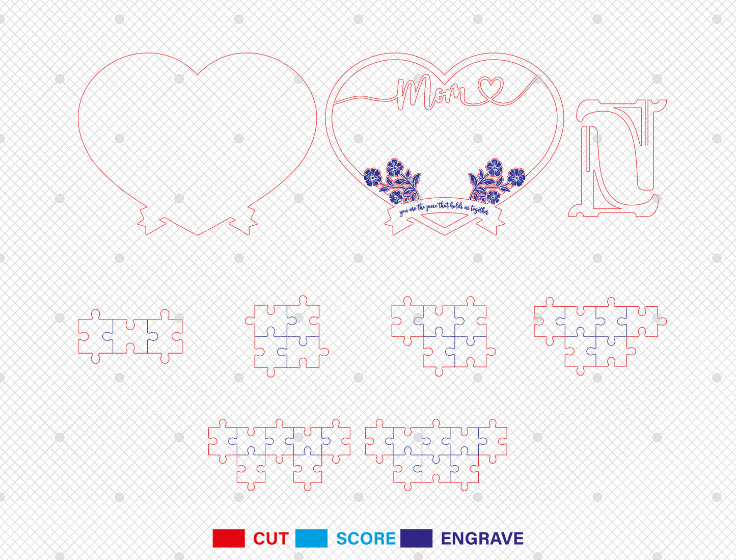 Personalized Mom Puzzle Heart Sign SVG 8 Names for Glowforge and xTool