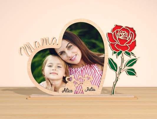 Mama Heart Photo Frame SVG Floral Wooden Stand for Glowforge and xTool
