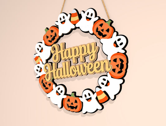 Happy Halloween Wreath Door Hanger SVG Bundle Laser Cut File | 2 Cute Pumpkin & Ghost Designs | Front Door Decor | Glowforge, xTool, LightBurn, etc.