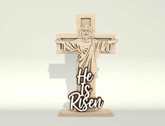 Christian Cross SVG – Easter Wooden Tabletop Decor – He Is Risen Jesus Cross Laser Cut File – 9 Designs