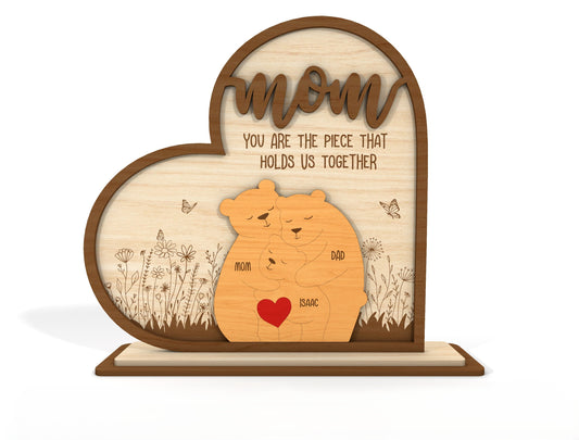 Mom Bear Family Puzzle Sign SVG Wooden Frame for Glowforge and xTool