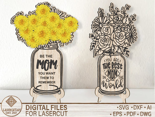 Mason Jar Flower Holder SVG Engraved for LightBurn and Glowforge