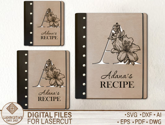 Alphabet Floral Recipe Book SVG Personalized Cookbook for Glowforge