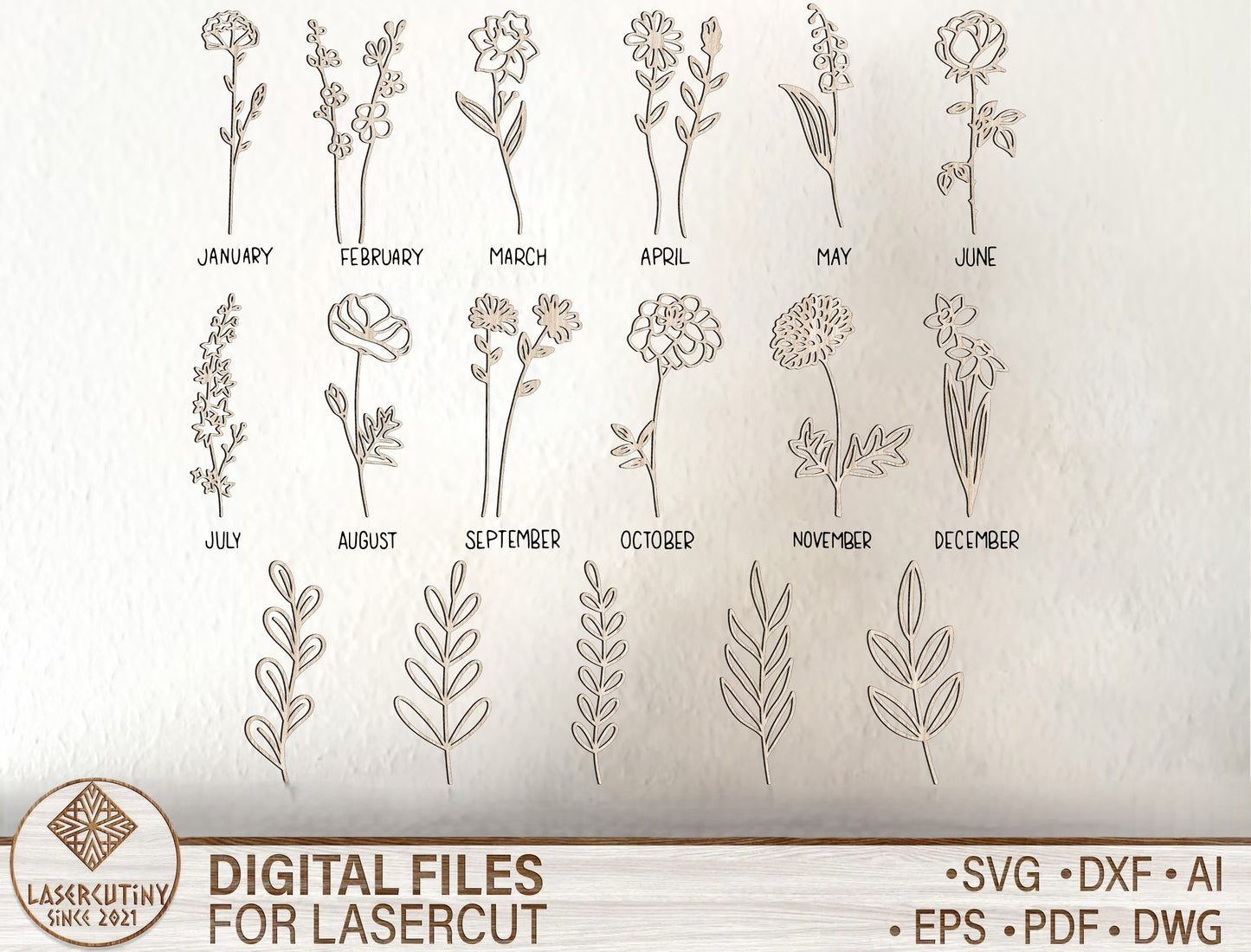 Birth Month Flower SVG Bundle Minimal Line Art for Glowforge and xTool