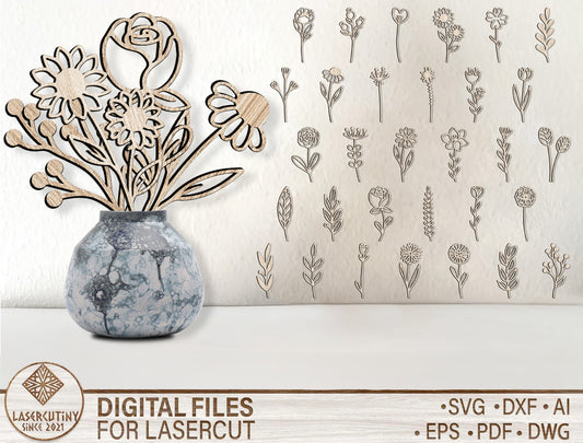 Floral Elements SVG Bundle Minimal Botanical Line Art for LightBurn