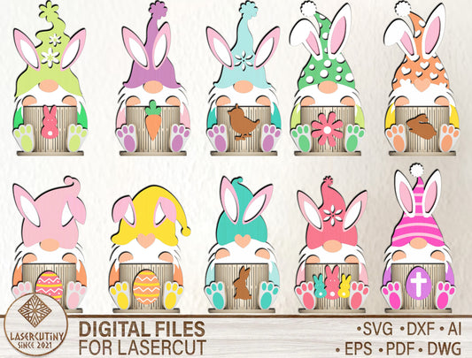 Cute Bunny Gnome Egg Basket Holder SVG Bundle 10 Designs for Glowforge and xTool