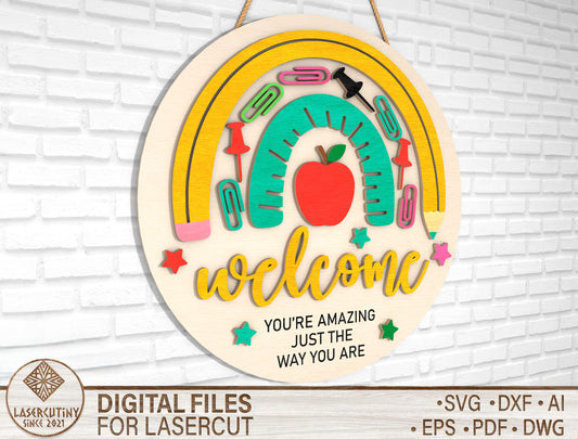 Personalized Rainbow Classroom Door Sign SVG – Cute Teacher Welcome Decor – Laser Cut File