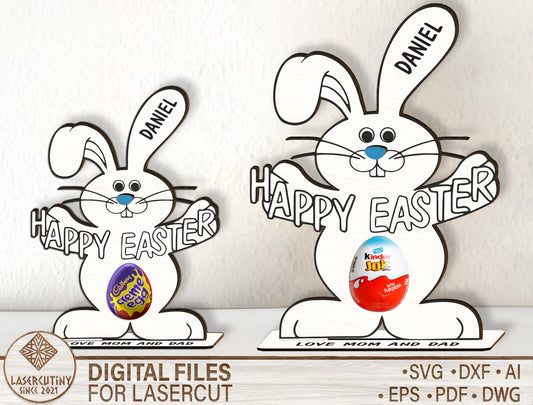 Personalized Easter Bunny Chocolate Holder Laser Cut File – Wooden Easter Decor SVG – Bunny Egg Candy Stand